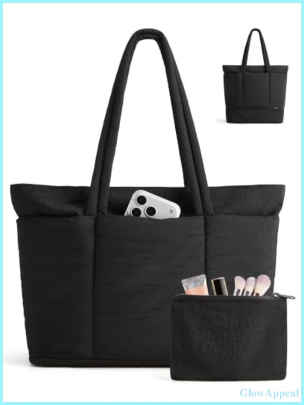 Women's Expandable Puffer Tote Bag with Padded Laptop Sleeve, Cosmetics Pouch